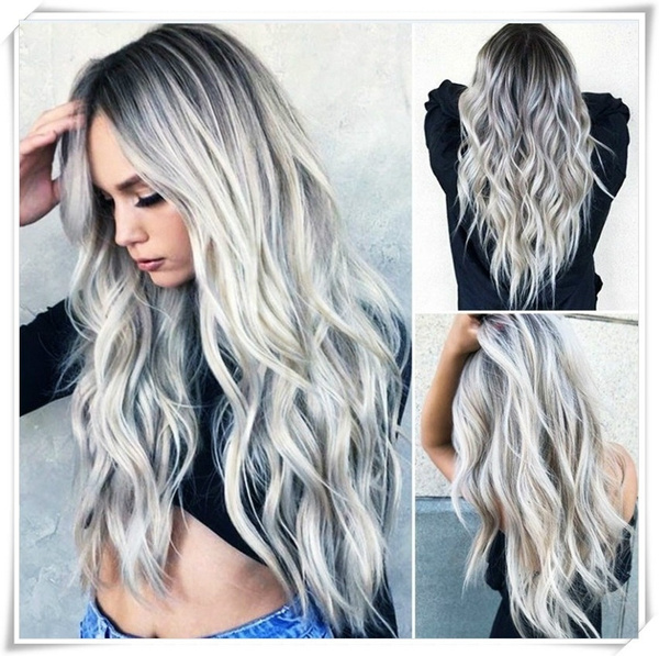 28'' Long Wavy Balayage Pearl White Black Gray Ombre Hairstyle Wig Hair  Wigs Rose Net Fashion Heat Resistant Synthetic Hair Wig for Women | Wish