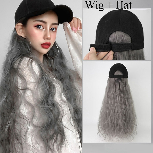 Baseball Hat With Wigs Hats Synthetic Long Curly Hair Wigs With Cap Hat ...