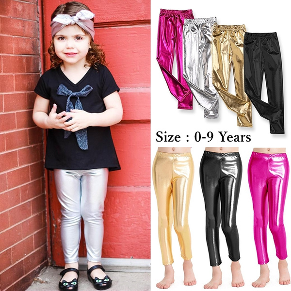Kids Toddler Girls Metallic Faux Leather Leggings Strech Slim Pants - Gold  Silver Black