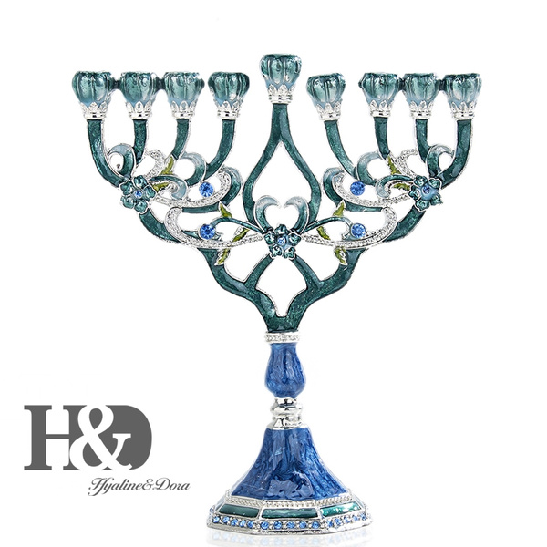 H&D Hand Painted Enamel Menorah 9 Branch Candelabra Embellished Flower ...