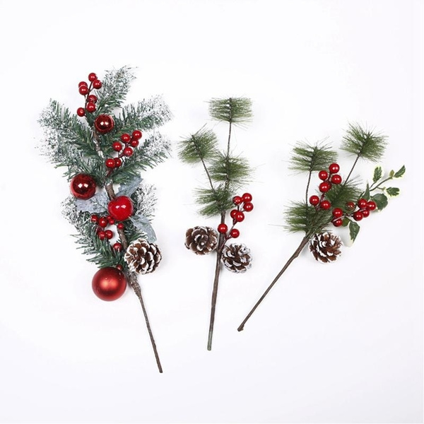 Artificial Christmas Pine Sticks Red Berry Stems Artificial Pine Picks  Ornaments Christmas Tree Decorations Holiday Decor