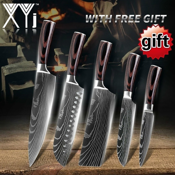 5 Pcs Kitchen Knives Set Japanese Damascus Pattern Stainless Steel