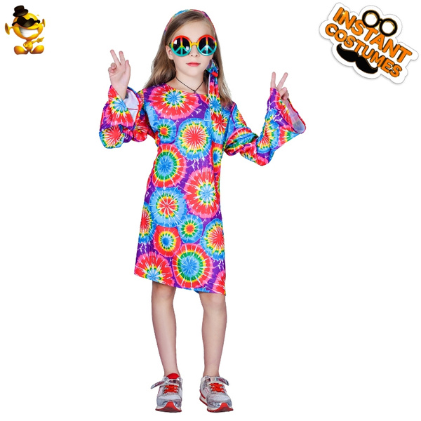 DSplay Kid's Girls Hippie Dress Costume – Includes Headpiece, Dress & Belt (Size 7-9Y, Multicolored)