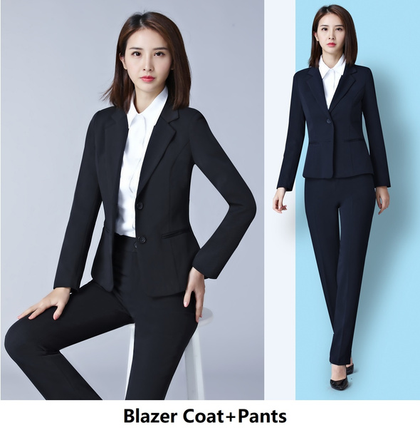 Plus Size 4XL Elegant Black Navy Blue Autumn Winter Formal Uniform Designs  Women Business Suits With Jackets and Pants Ladies Office Work Wear Blazers
