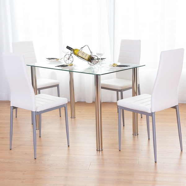 Pvc Leather Chair Dining Table, Glass Top Dining Table With Leather Chairs