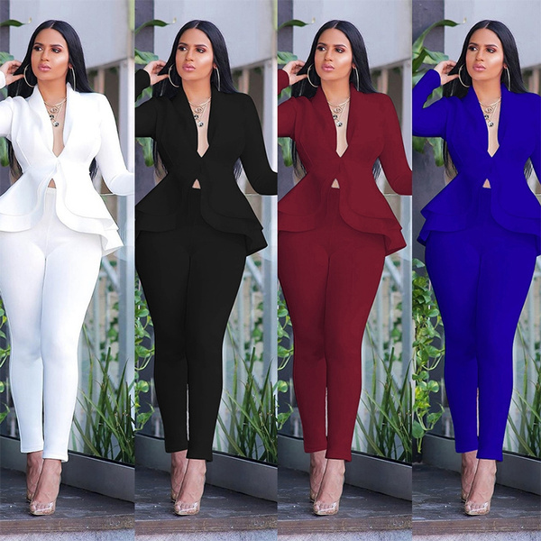 Womens Elegant Ruffle Pant Suit Set In For Office, Business, And