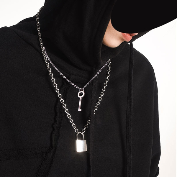 Padlock Chain Necklace Stainless Steel Lock Pendant Choker Punk Hip Hop  Gothic Necklace for Men Women (A, 18)