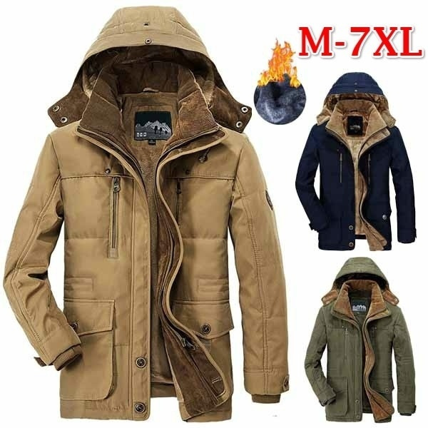 Men Warm Coat Cotton Padded Fur Collar Thick Hooded Jacket Winter Fleece Outwear