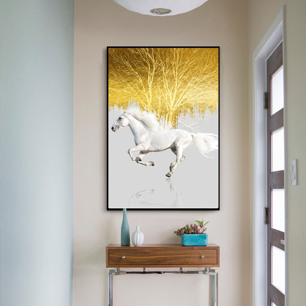 Golden Horse Abstract Canvas Poster Nordic Wall Art Contemporary Print Picture 