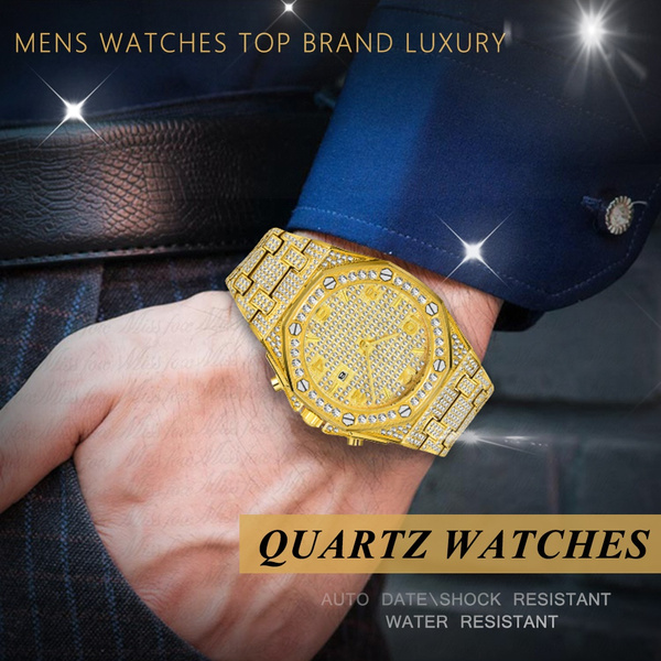 Men Watches Luxury Full Diamond Gold Watch Fashion Calender Male Big Dial Quartz Wristwatches