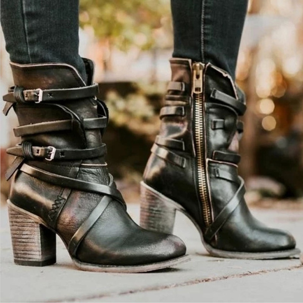 Plus Size 35 43 Women s Leather Mid Calf Boots Fashion Side Zipper Buckle Strap Ankle Boots Botas Mujer Ladies Retro Black Motorcycle Boots Bottes