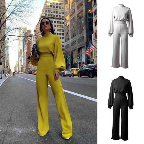 New Elegant Women's Jumpsuits Solid Color High Collar Long Sleeves