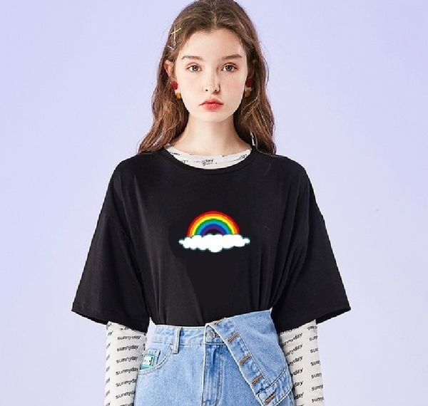 1pcs Rainbow Cloud Middle Printed T-Shirt Unisex Cute Aesthetic Grunge  Black Tee Satantic Gothic Clothing Witch Shirt