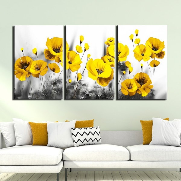 3 Panels Black And White Background Yellow Flower Picture Canvas Painting Posters Print Wall Art Picture For Living Room Decor Wish