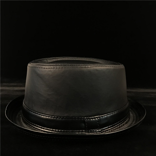 4 Size Leather Men Balck Pork Pie Hat 