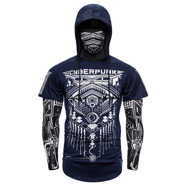 Stretch fitness t-shirt fake two-piece cyberpunk ninja suit hooded