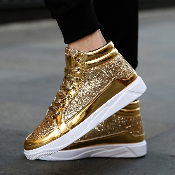 Cool Men High Top Men Gold Glitter Sneakers Lace Up Platform Flats Gold ...