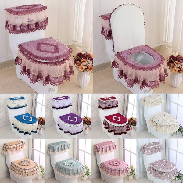3Pcs/Set Elegant Bathroom Supplies Seat Ring Soft Lace Toilet Lid Pads