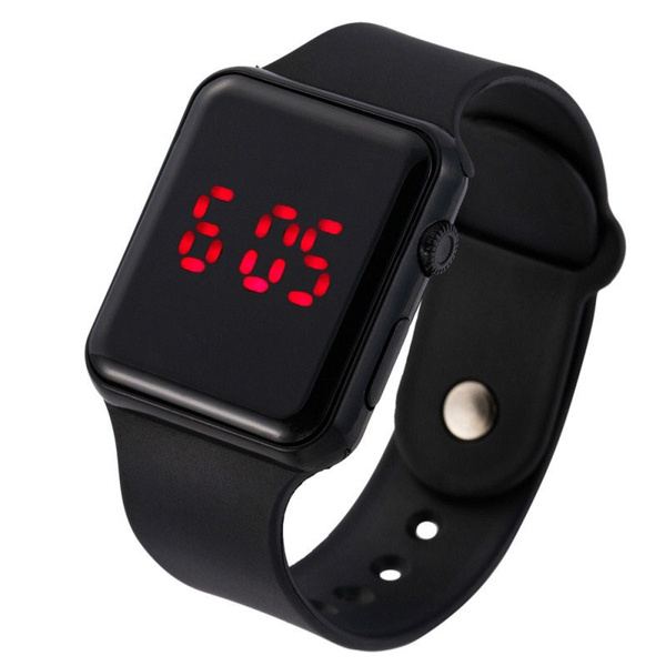 1Pc New Square Mirror Face Silicone Band Digital Watch Red LED Watches