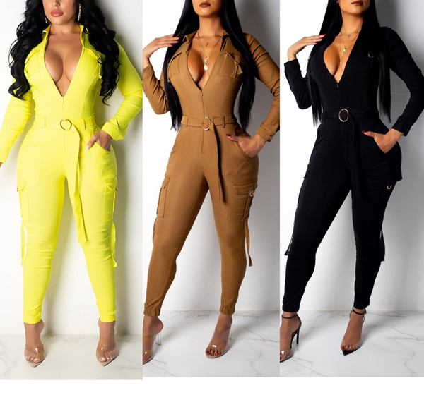 Women Playsuits Solid Color Turn-Down Collar Long Sleeve Jumpsuits 