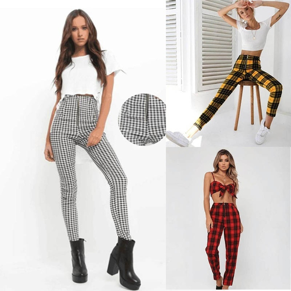 Women Pencil Pants Vintage High Waist Zip Up Checkered Trousers Skinny Pencil  Pants | Wish