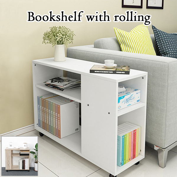 2 Levels Rolling Bookcase Bamboo Wood Tabletop Book Rack Bookshelves ...