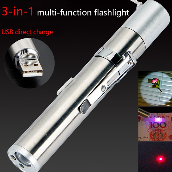 3 In 1 Multi-function Stainless Steel Rechargeable Chase Cat Toy Laser  Pointer USB Mini LED Flashlight with Purple Light Counterfeit Lamp Medical  Small Flashlight