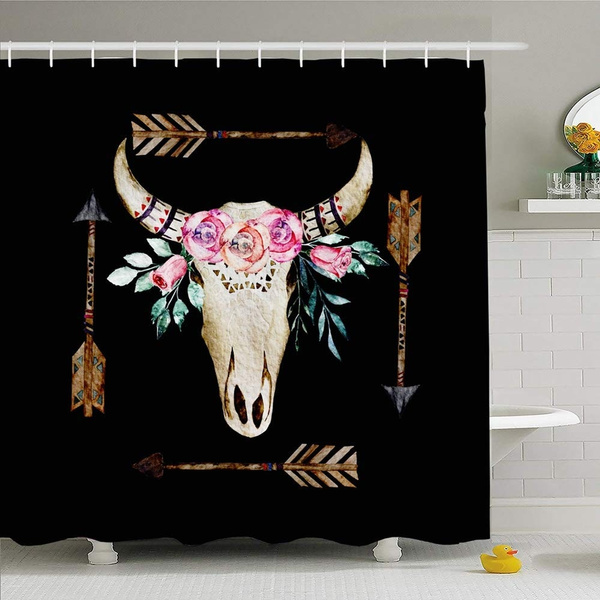 Shower Curtain For Bathroom 60x71 Inches Abstract Watercolor Deer Skull Arrows West Artistic Cow Bull Rose Western Mammals Color Realistic Bath Curtains Set Bath Decor With Hooks Wish