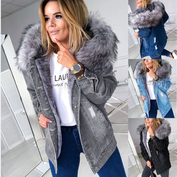 womens denim jacket with faux fur collar