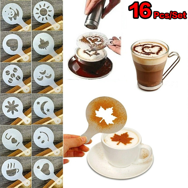 16 Pcs Coffee/Latte/Cappuccino Barista Art Stencils Set Cake Duster  Templates Coffee Tools Accessories Latte Art DIY