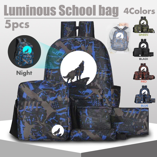 Luminous 3D Print Backpack Set For Kids - Light Up School Bookbag With Lunch Bag & Pencil Case