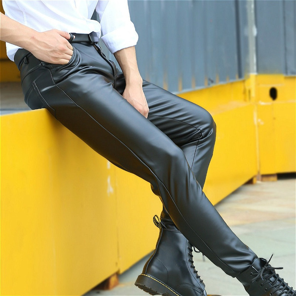 Men Faux Leather Pants Stretch Pu Leggings Fit Wet Look Trousers Shiny Slim  | eBay