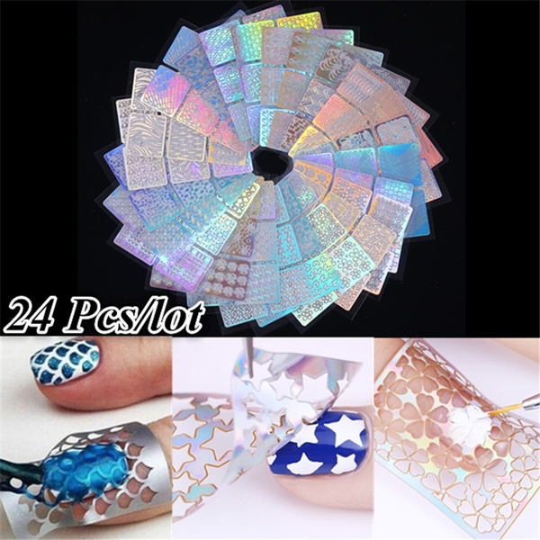 24 Sheets Nail Art Hollow Laser Sticker Stencil Set Gel Polish Nail
