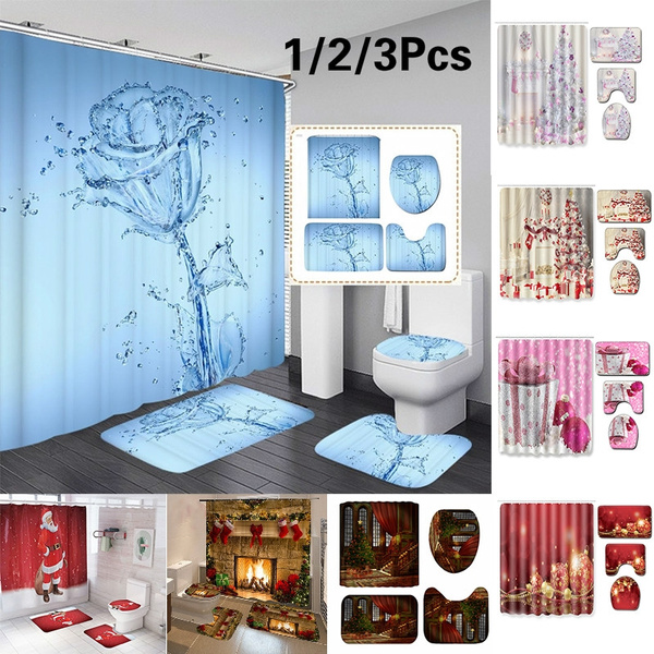 Christmas Snow Printing Waterproof Bathroom Shower Curtain Toilet Cover Mat 