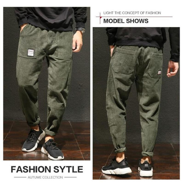 Men's Casual Pants Fashion Straight Slim Fit Pants Army Green Corduroy  Pants Classic Basic Style Pants