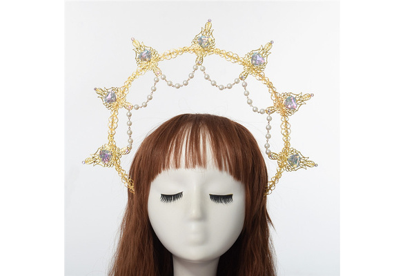 Details about   Retro Baroque Halo Crown Black Feather Virgin Mary Tiara Halloween Headband Prop