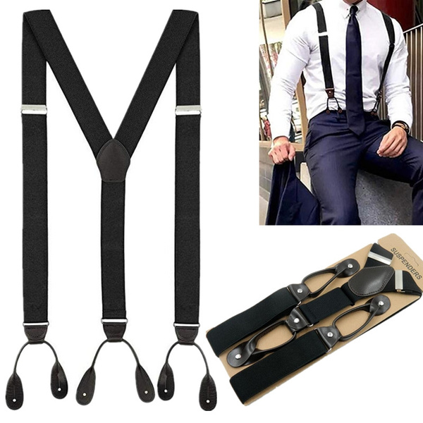 Button Suspenders Wide Men'S Braces Solid Leather Vintage Pants