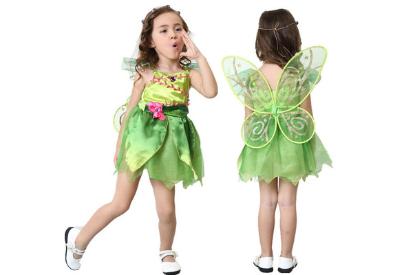 TiaoBug Girls Neverland Fairy Princess Costume Dress Green Classic Wings Wand for Halloween Book Day Fancy Party Cosplay