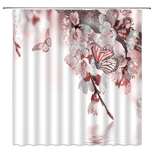Fl Shower Curtain Pink Plum Blossom Flower With Erfly Spa Bathroom Decor Bath Curtains Hooks 70 X Inches Wish
