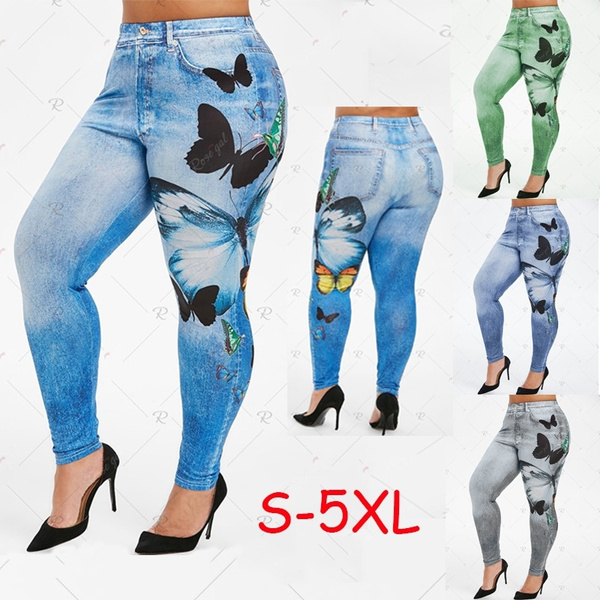 New Women Fashion Plus Size Butterfly Print Skinny Jeggings Casual Faux  Denim Jeans Long Pants