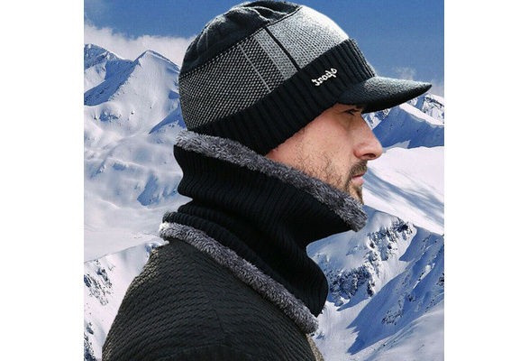 Fashion Men Winter Warm Hat Knit Visor Beanie Fleece Lined Beanie with Brim Cap 