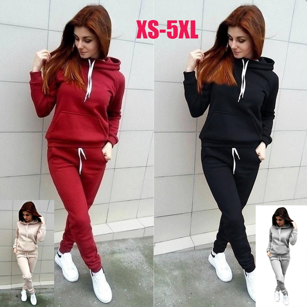 2 Pieces Women Hoodie Set Pant Clothing Set Warmer Clothes Solid