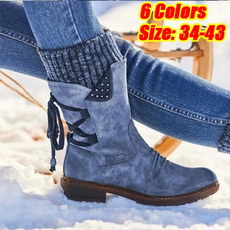 New Fashion Autumn and Winter Women's Boots In The Calf Boots Casual Flat Snow Boots Leather Sweater Bandage Boots Cowgirl Boots Zipper Low Heel Ladies Boots