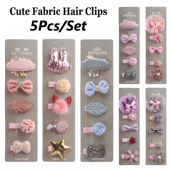 5Pcs/Pack Kawaii Cute Fabric Cloud Hair Clips Set Cartoon Crown Bow Star  Hairpins for Girls Hair Accessories