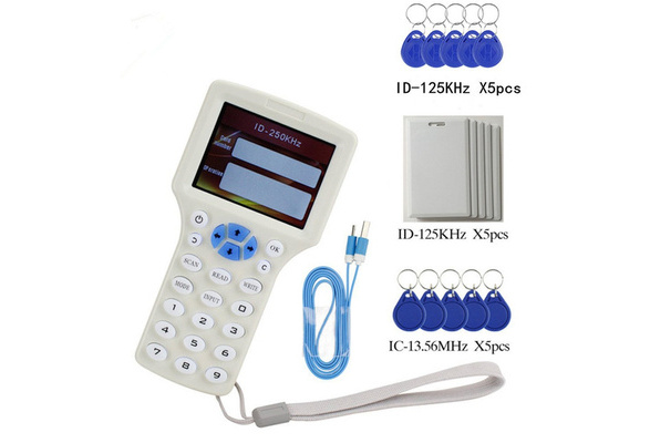 RFID NFC Card Copier Reader Writer duplicator English 10 Frequency Programmer for IC ID Cards and All 125kHz Cards 5pcs ID 125khz Cards+5pcs ID 125kh keyfobs+5pcs 13.56mhz UID Key 1USB 