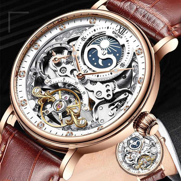 KINYUED Men Tourbillon Mechanical Watch Men Business Watch Moon Phase Watch Diamond Skeleton Watches Leather Strap Watch Reloj Hombre Montre M canique