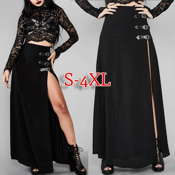 S-4XL Women Fashion Gothic High Split Maxi Skirts Steampunk Black A ...