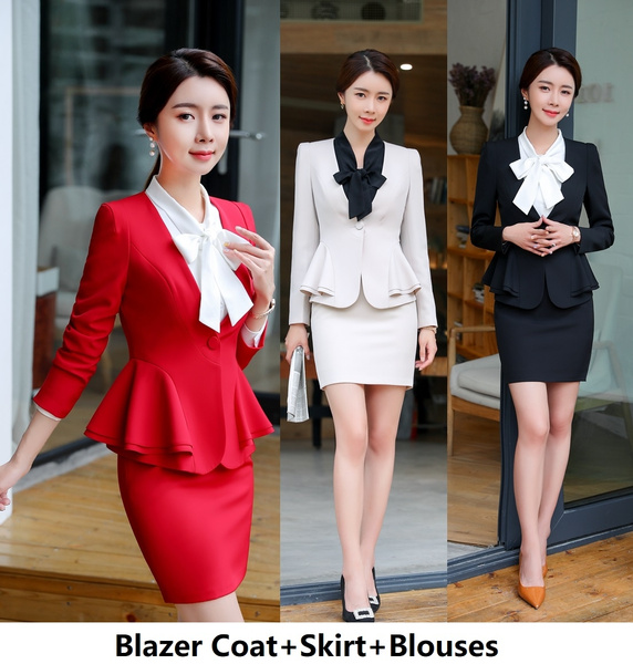 Office Women's Skirt Suits Fashion Elegant Solid Slim Work Blazer + Skirt  Sets