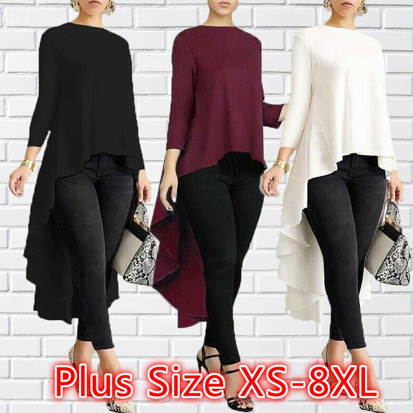 Women Long Sleeve Asymmetrical Waterfall Shirt Tops High Low Dress Blouse  Plus Size XS-8XL