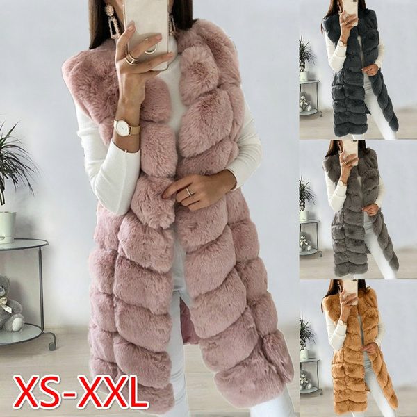VEZAD Store Women's Faux Fur Gilet Coat Slim Long Waistcoat Jacket Sleeveless Shrug Trench Outerwear